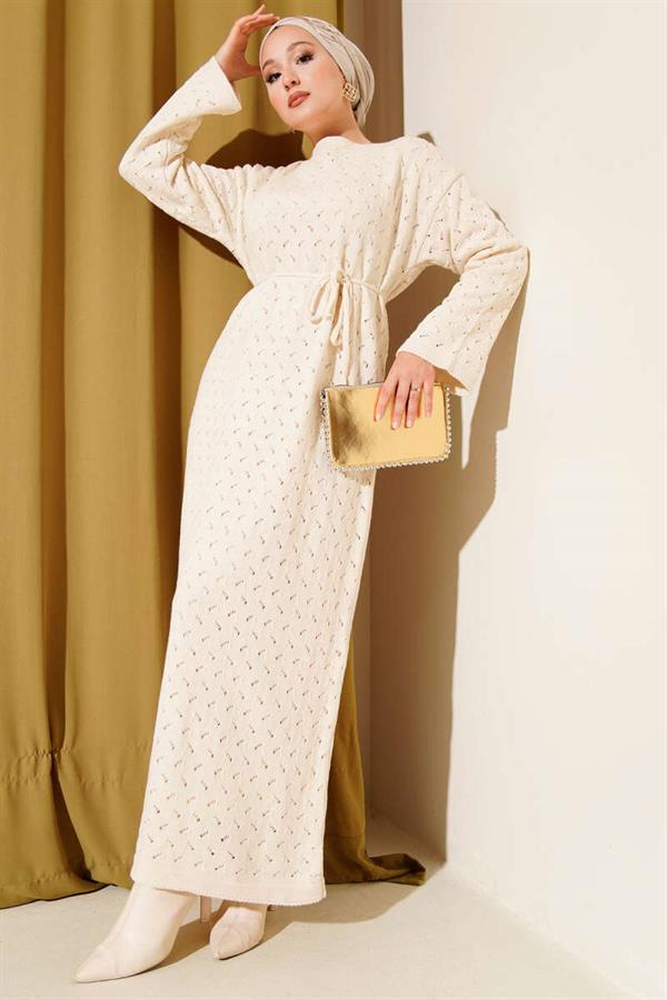 Openwork Knit Dress with Rope Belt in Ecru
