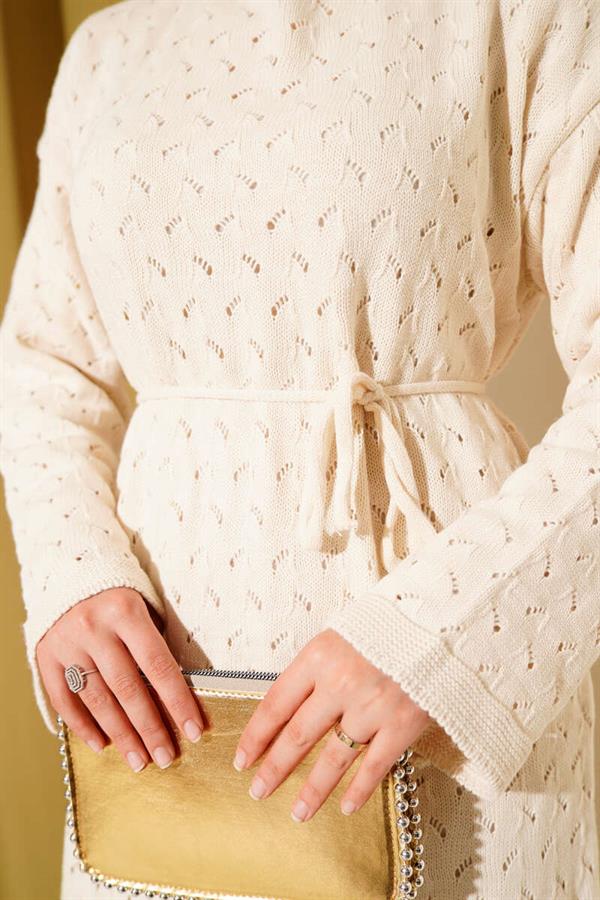 Openwork Knit Dress with Rope Belt in Ecru