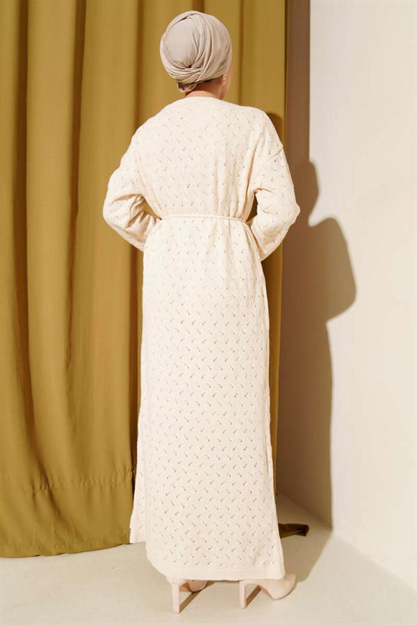 Openwork Knit Dress with Rope Belt in Ecru