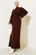 Openwork Knit Dress with Rope Belt, Brown