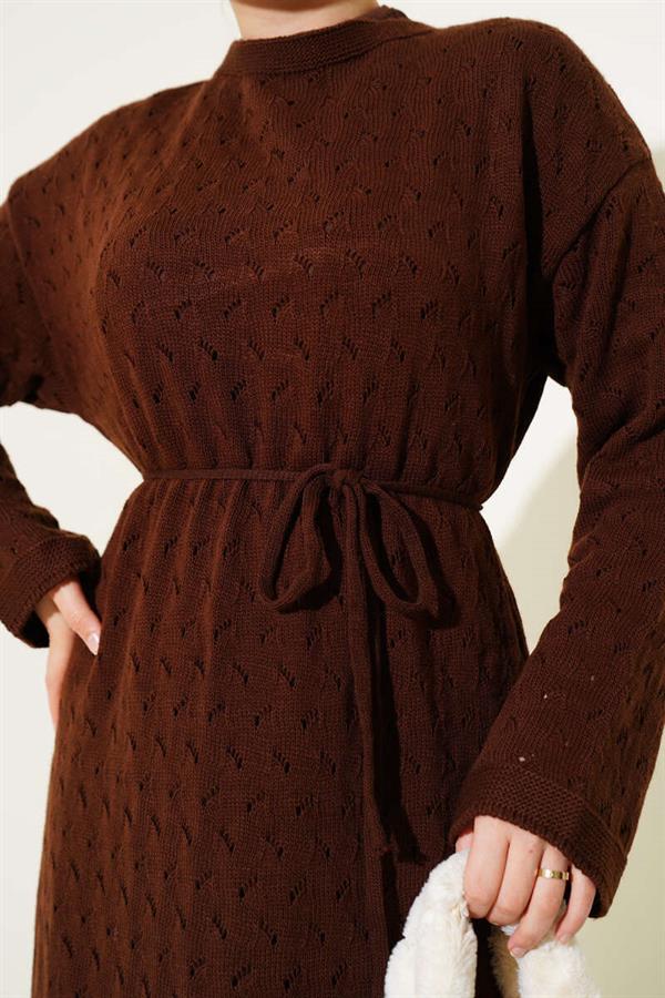Openwork Knit Dress with Rope Belt, Brown