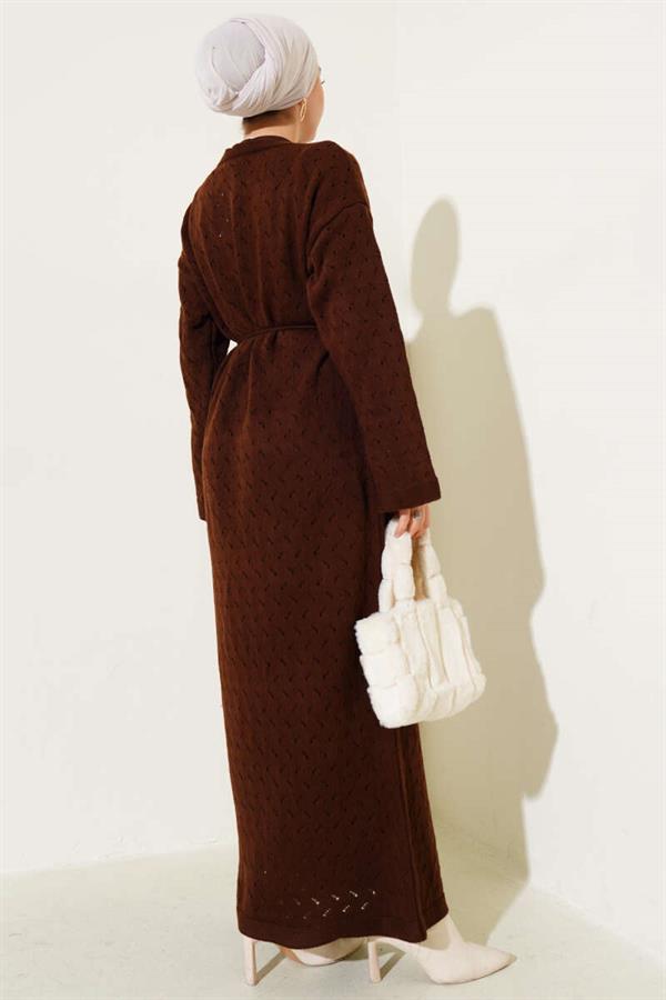 Openwork Knit Dress with Rope Belt, Brown