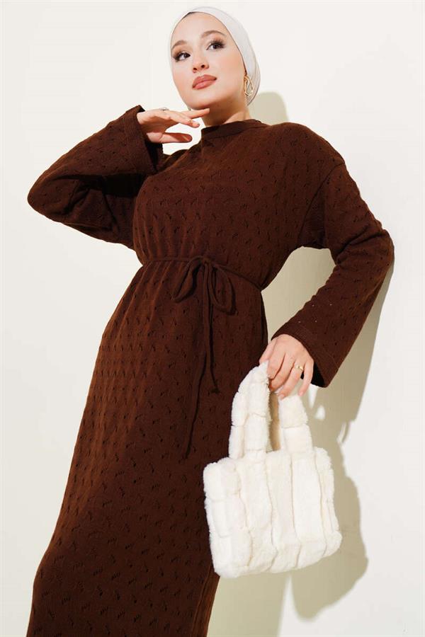 Openwork Knit Dress with Rope Belt, Brown