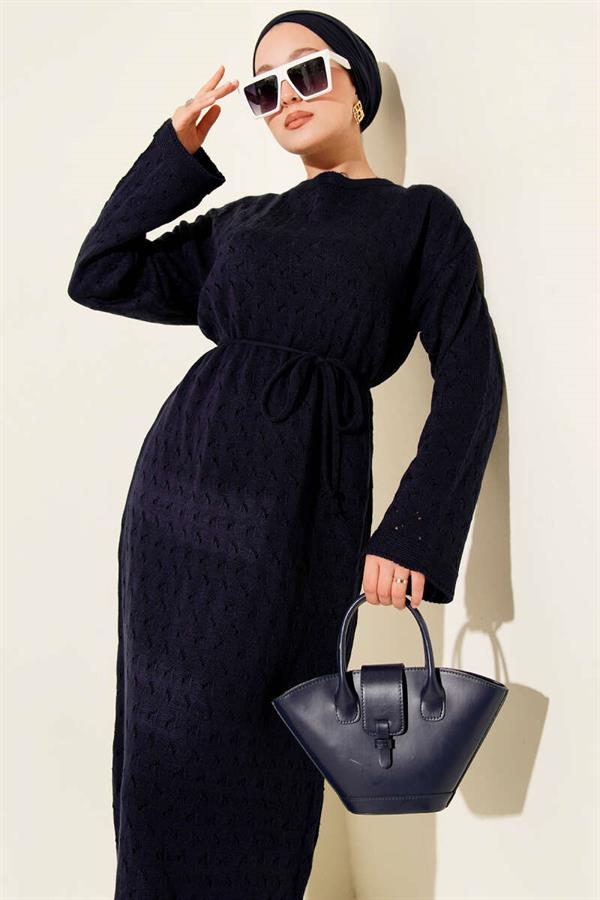 Openwork Knit Dress with Rope Belt, Navy Blue