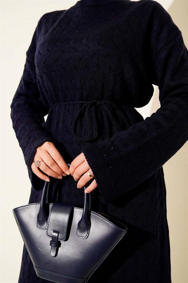 Openwork Knit Dress with Rope Belt, Navy Blue