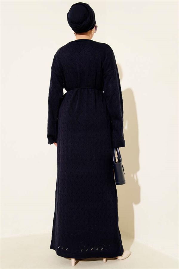 Openwork Knit Dress with Rope Belt, Navy Blue