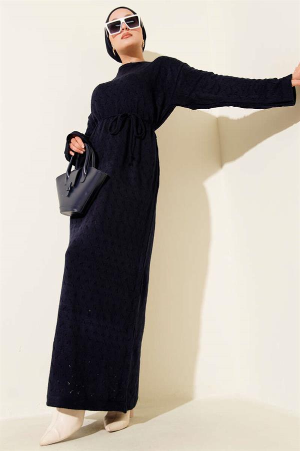 Openwork Knit Dress with Rope Belt, Navy Blue