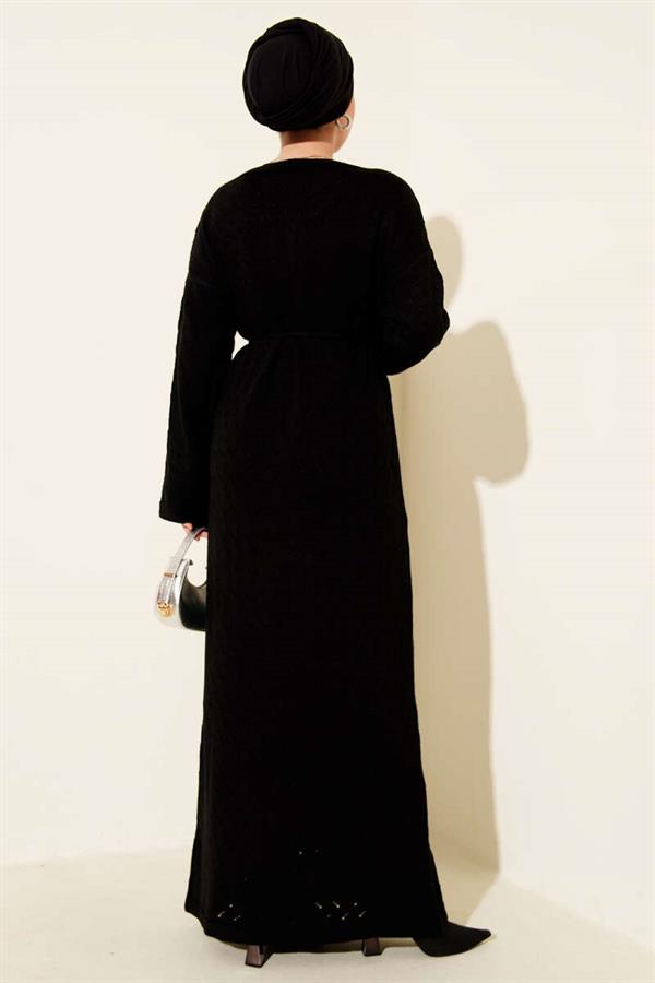 Openwork Knit Dress with Rope Belt, Black
