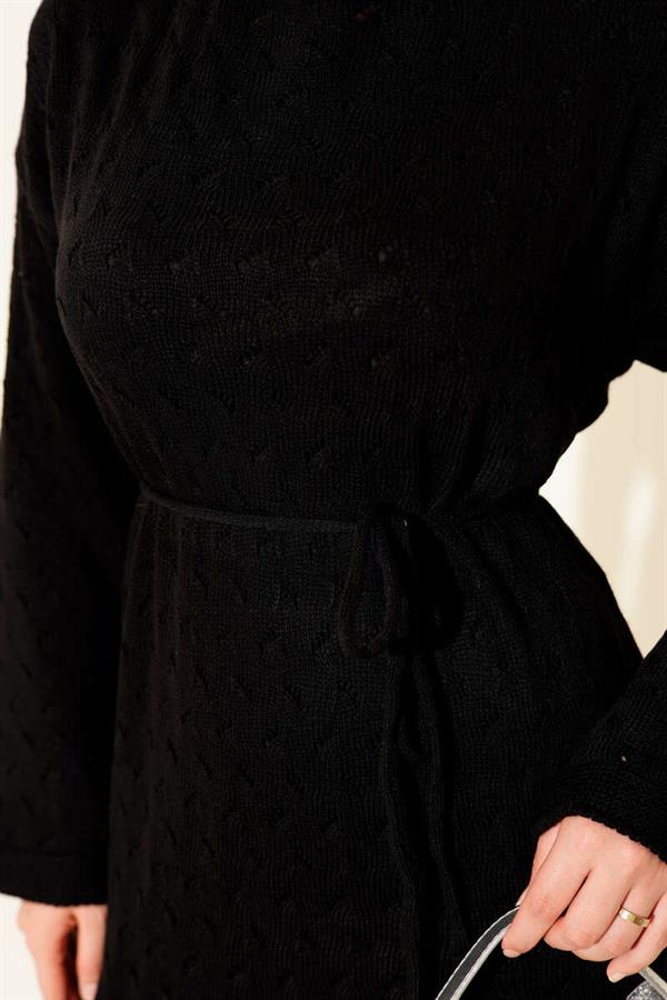 Openwork Knit Dress with Rope Belt, Black