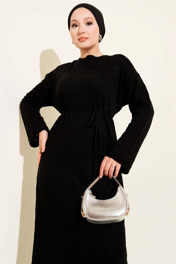 Openwork Knit Dress with Rope Belt, Black
