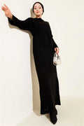Openwork Knit Dress with Rope Belt, Black