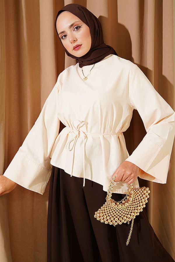 Asymmetrical Cut Blouse with Drawstring, Beige