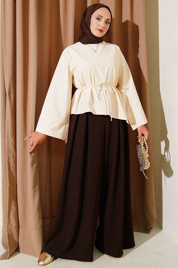 Asymmetrical Cut Blouse with Drawstring, Beige