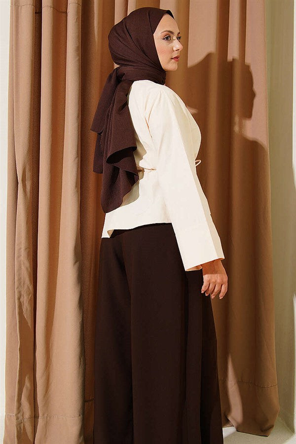Asymmetrical Cut Blouse with Drawstring, Beige