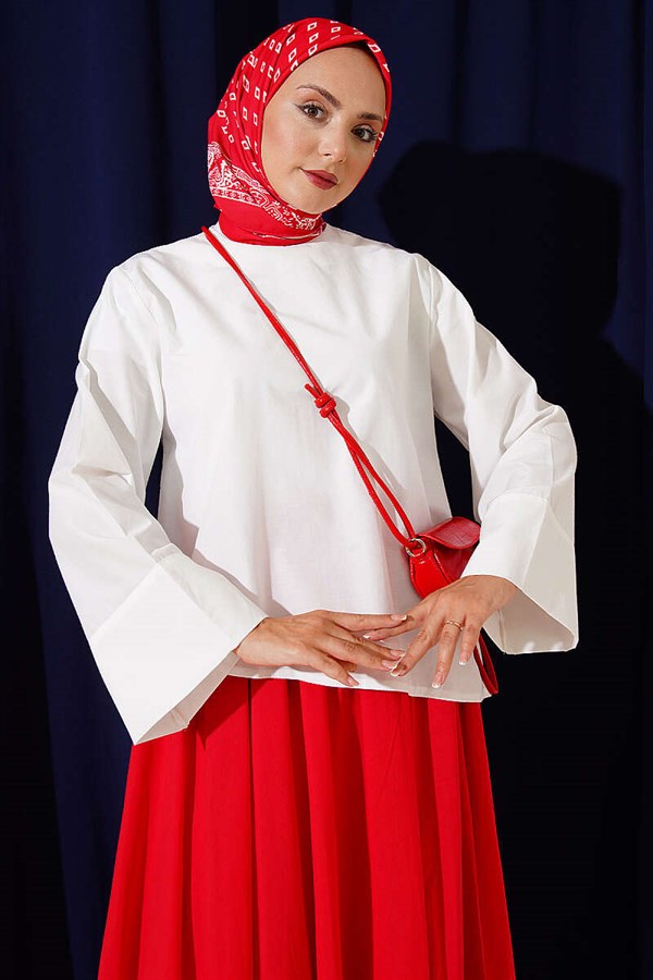 Asymmetrical Cut Blouse with Strappy Belt, White