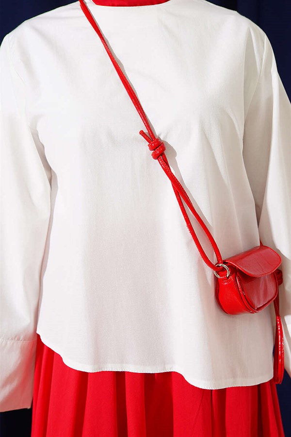 Asymmetrical Cut Blouse with Strappy Belt, White