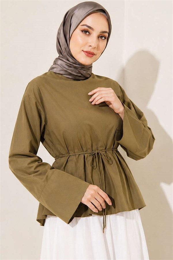 Asymmetrical Cut Blouse with Drawstring, Khaki