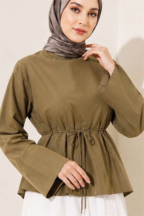 Asymmetrical Cut Blouse with Drawstring, Khaki