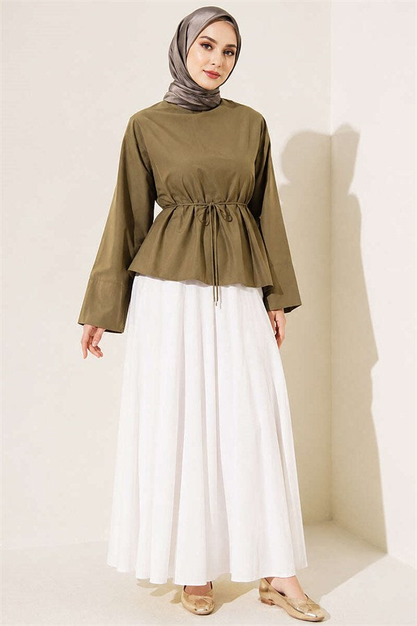 Asymmetrical Cut Blouse with Drawstring, Khaki