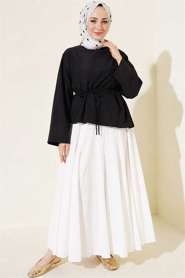 Asymmetrical Cut Blouse with Strappy Belt, Black