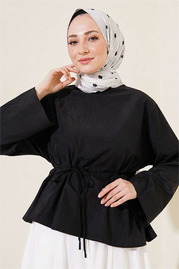 Asymmetrical Cut Blouse with Strappy Belt, Black