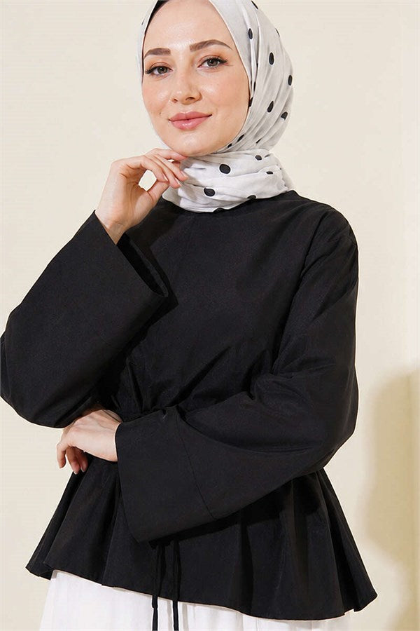 Asymmetrical Cut Blouse with Strappy Belt, Black