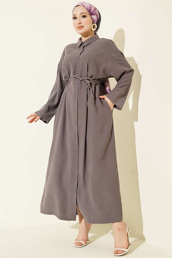 Tencel Dress with Button-Down Neckline and Strappy, Grey