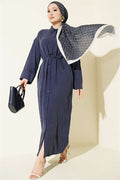 Navy Blue Button-Down Tencel Dress with Strappy Belt