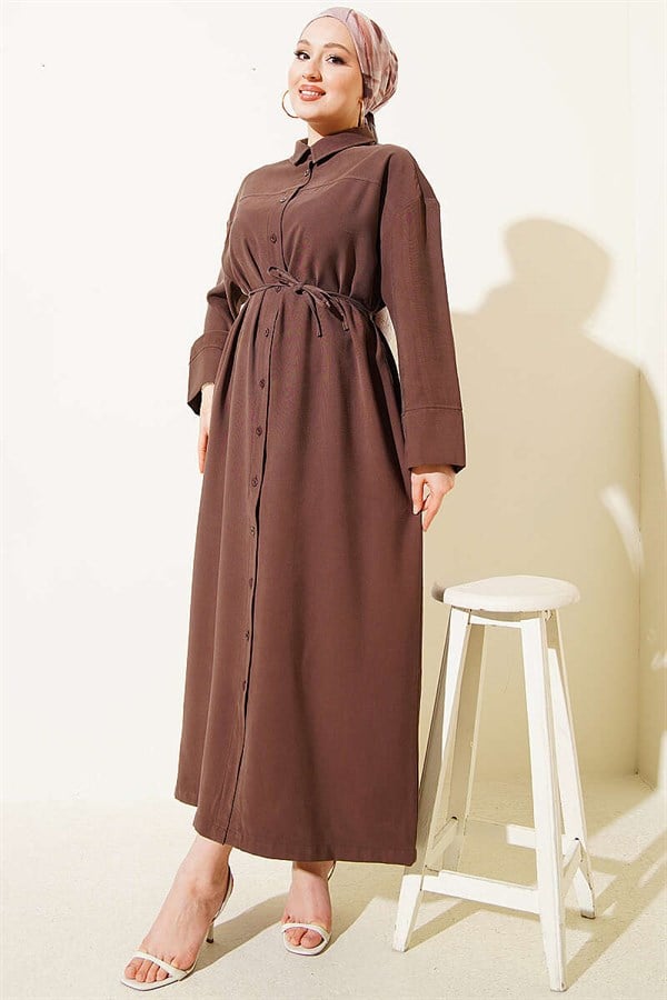 Tencel Dress with Button-Down Waist and Strappy Detail, Brown