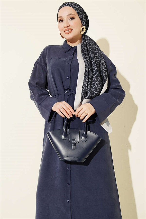 Navy Blue Button-Down Tencel Dress with Strappy Belt