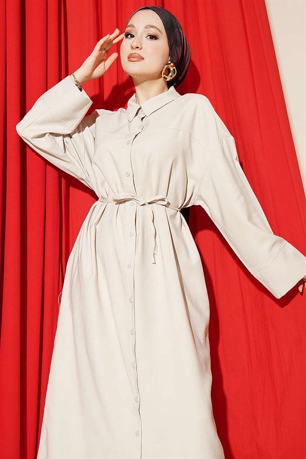 Tencel Dress with Button-Down Waist and Strappy Detail, Beige