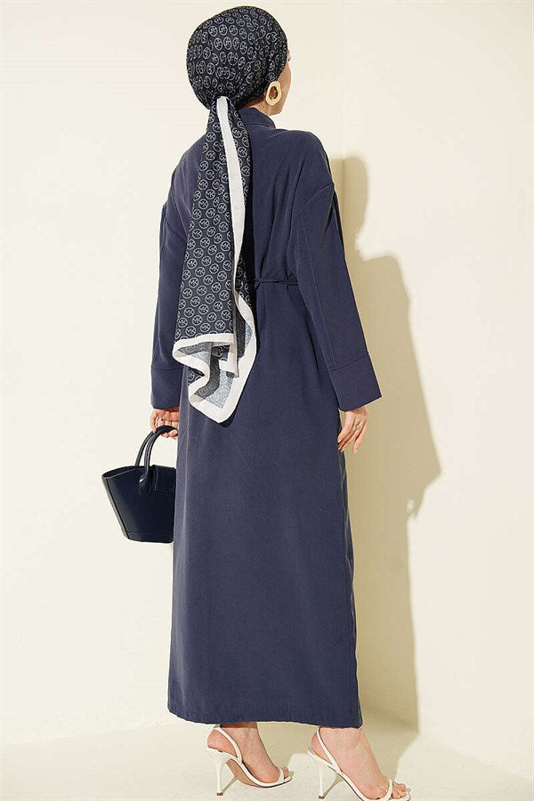 Navy Blue Button-Down Tencel Dress with Strappy Belt