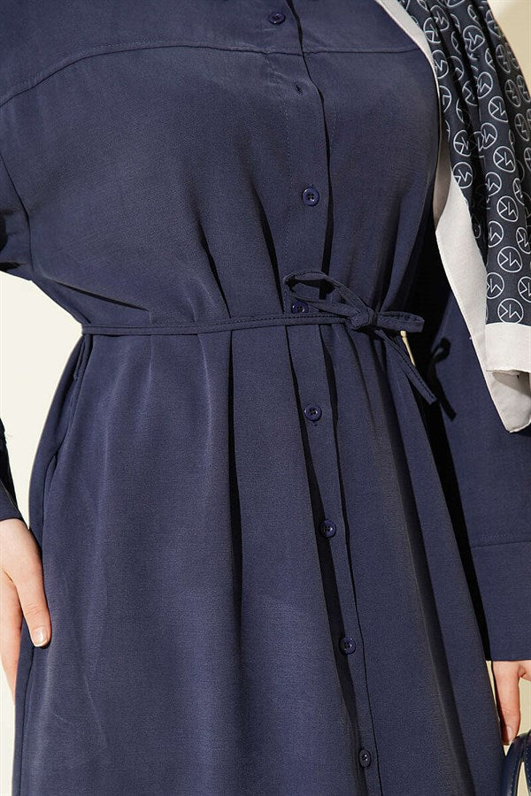Navy Blue Button-Down Tencel Dress with Strappy Belt