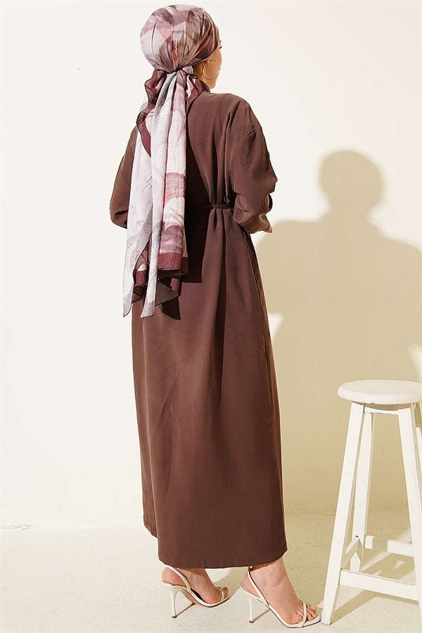 Tencel Dress with Button-Down Waist and Strappy Detail, Brown
