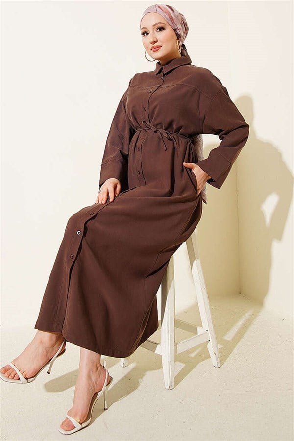 Tencel Dress with Button-Down Waist and Strappy Detail, Brown