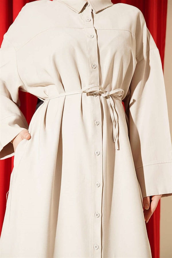Tencel Dress with Button-Down Waist and Strappy Detail, Beige
