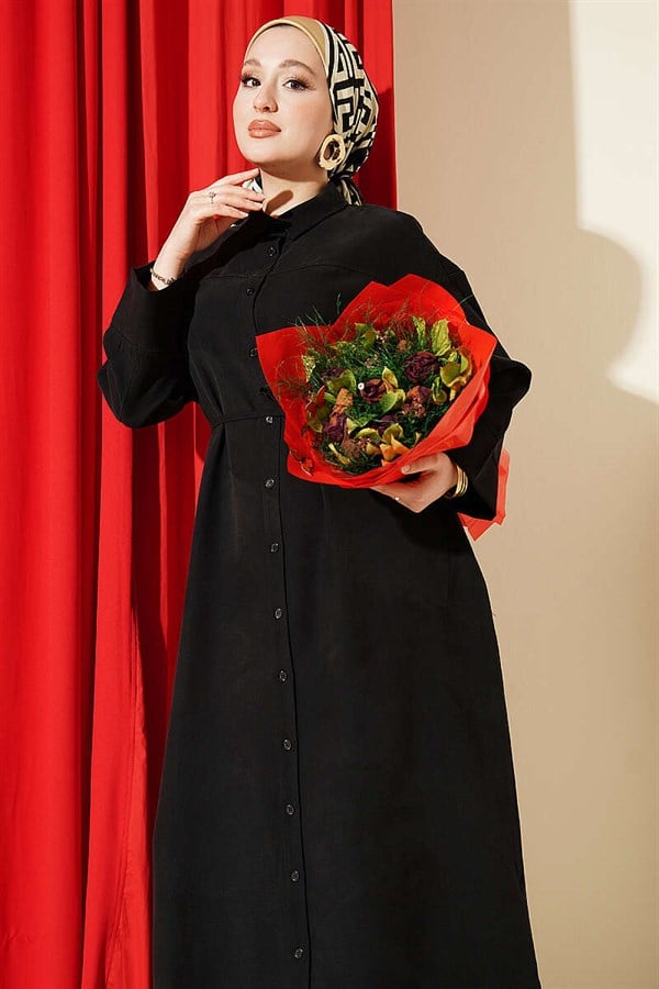 Black Button-Down Tencel Dress with Strappy Belt
