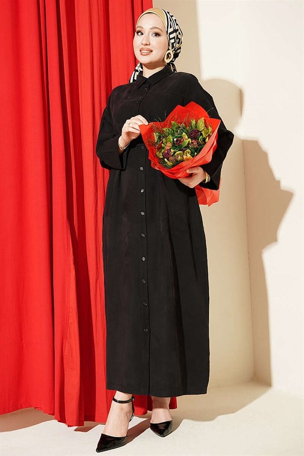 Black Button-Down Tencel Dress with Strappy Belt
