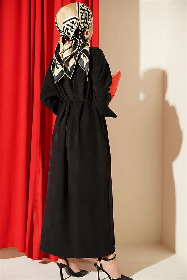 Black Button-Down Tencel Dress with Strappy Belt