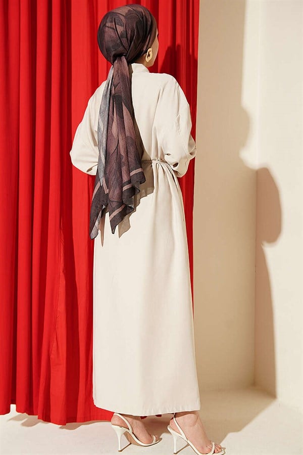 Tencel Dress with Button-Down Waist and Strappy Detail, Beige