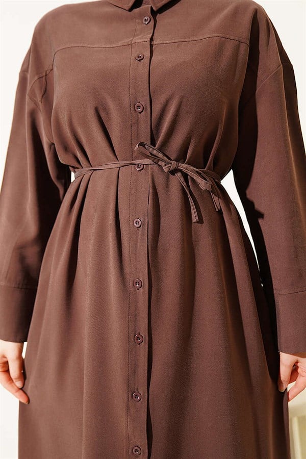 Tencel Dress with Button-Down Waist and Strappy Detail, Brown