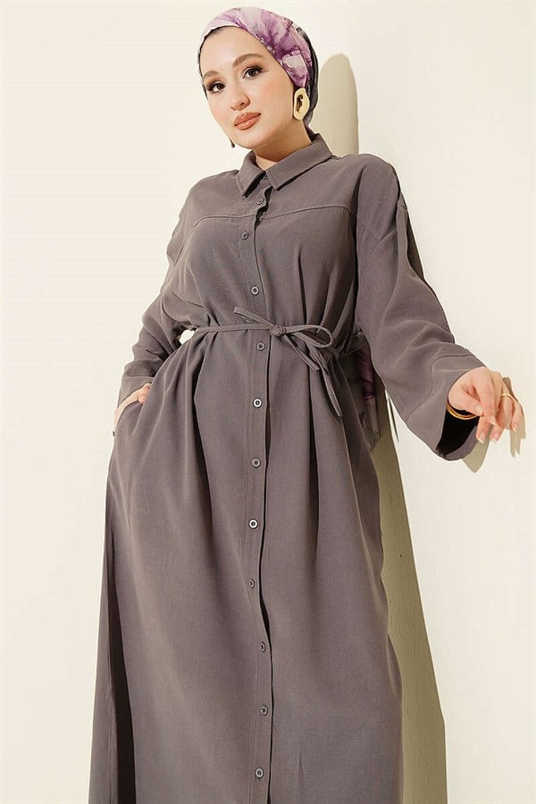 Tencel Dress with Button-Down Neckline and Strappy, Grey
