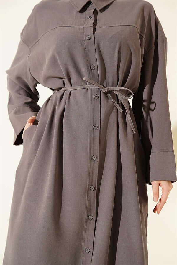 Tencel Dress with Button-Down Neckline and Strappy, Grey