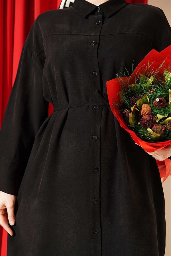 Black Button-Down Tencel Dress with Strappy Belt