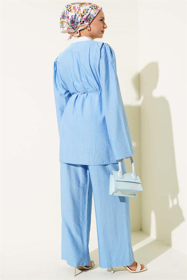 Rope Belted Brit Buttoned 2 Piece Set Blue