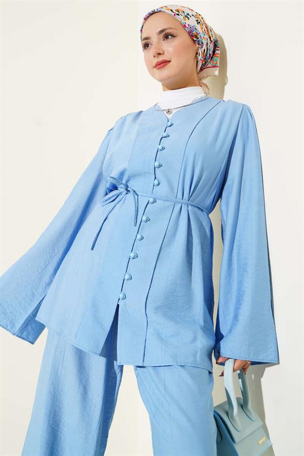 Rope Belted Brit Buttoned 2 Piece Set Blue