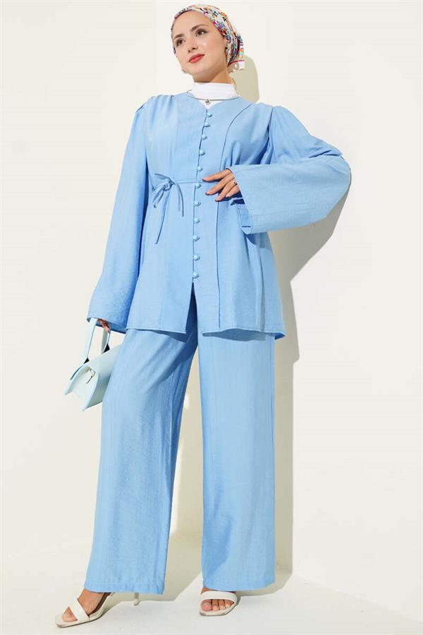 Rope Belted Brit Buttoned 2 Piece Set Blue