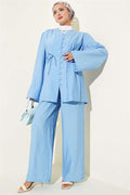 Rope Belted Brit Buttoned 2 Piece Set Blue