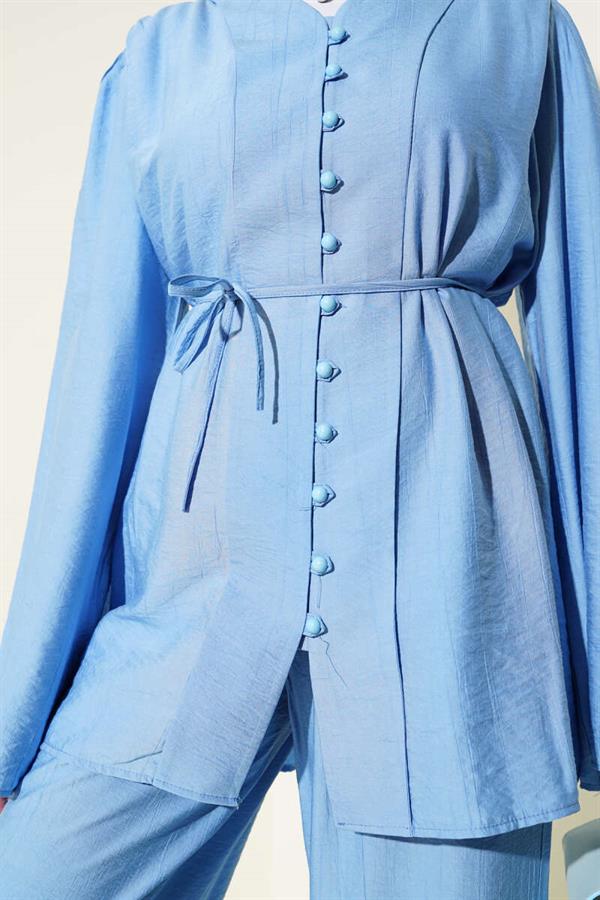 Rope Belted Brit Buttoned 2 Piece Set Blue