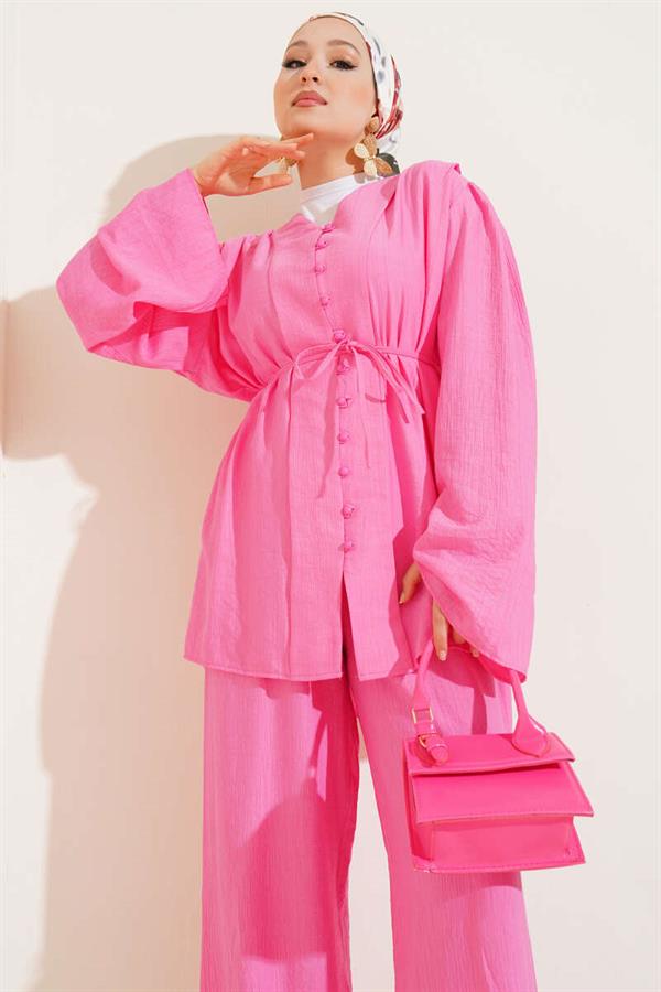 Rope Belted Brit Buttoned 2 Piece Set Pink